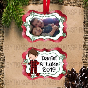 Christmas Little Boys PJ&#39;s Brown Hair Ornament Design, Insert your Photo, Ready to Personalize, Benelux Shape, Set of 2, Sublimation Design,