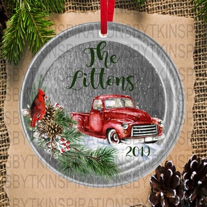 2 Red Truck & Cardinal on Aluminum Ornament Designs, Farmhouse Christmas Ornament, Ready to Personalize, Sublimation Design