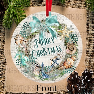 Concha de mar corona feliz diseño de ornamento de Navidad, playa feliz Navidad, 4 pulgadas redondo, sublimación Descargar