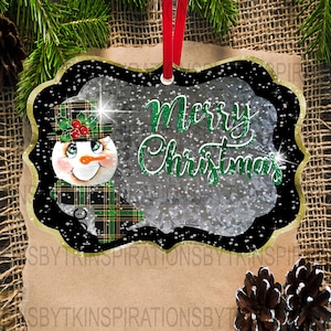 2 Snowman Christmas Ornament Designs, Benelux Shape, Merry Christmas Plaid & Galvanized Tin, Set of 2, Sublimation Design, Sublimation