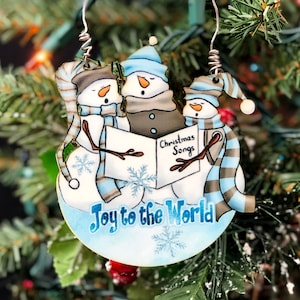 Blue Caroling Snowmen Ornament Design, Snowmen Christmas Ornament Design, Joy to the World, Sublimation Design