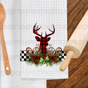 Red Buffalo Plaid Deer Christmas Dish Towel Design, Christmas Design, Farmhouse Design, Sublimation Download, Sublimation