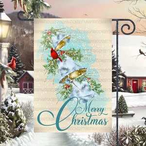 Christmas Bells Garden Flag, Old Fashioned Christmas Flag, Red Bird, Silver Bells Merry Christmas Flag, Sublimation Design Printable Artwork
