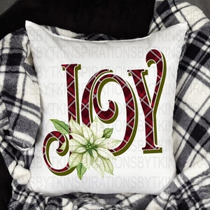 Joy Floral Design, Christmas Design, Burgundy Plaid Design, Poinsettia Design, Sublimation Download, 300 dpi PNG, Graphic Design
