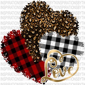 Dreifache Herzen Valentinstag Sublimation Design, Buffalo Plaid & Leopard Herzen, Valentinstag digitales Design, Sublimation Downloads