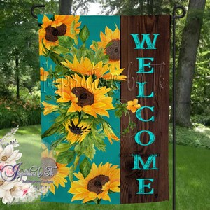 Sonnenblumen & Teal Willkommen Sublimation Garten Flagge Design, Frühling Flagge Design, Landhaus Sublimation, Sublimation Download, Digital Design