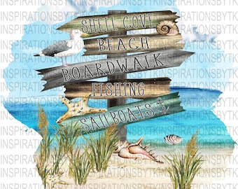 By the Sea Beach Design, Beachy Scene, Seashells, Ocean, Seagull, Sublimation Download, Digital Design