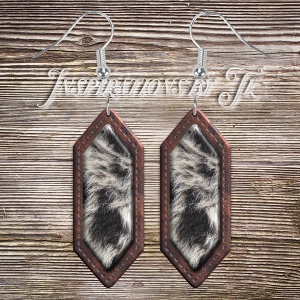 Stitched Leather & Black Cowhide Double Diamond Earring Design, Digital Design, Sublimation Download, Fits Seaside Sass Designs Blanks