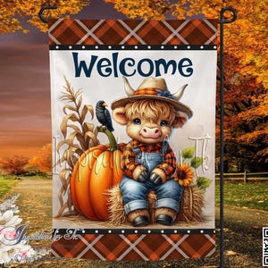 Cute Highland Cow & Pumpkin Fall Garden Flag Design, Autumn/Fall Flag Design, Digital Download, Sublimation Design, Farmhouse, Autumn