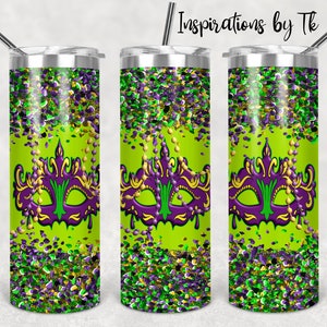 Mardi Gras Chartreuse Mask Glittered 20oz Skinny Tumbler Design, Mardi Gras Sublimation, NOLA Design, Digital Design, Sublimation Download