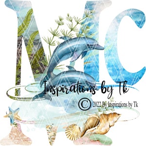 Letter Mc Dolphin Beach Design, Alphabet Beach Design, Ocean Design, Golfinhos, Tartarugas Marinhas, Oceano, Download por Sublimação, Design Digital