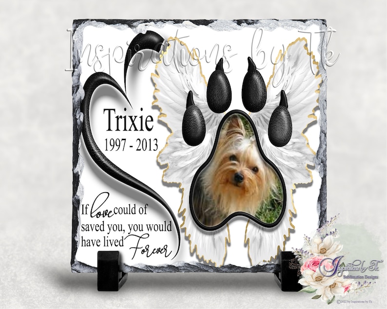 Pet Paw Print Memorial Slate Design, White 7.8x7.8 Beautiful Tribute, Add your own Picture, Sublimation Download, Digital Design image 1