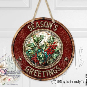 Round Season&#39;s Greetings & Holly Christmas Door Hanger Design, 16inch Round, Sublimation Design, Sublimation Download, Digital Design