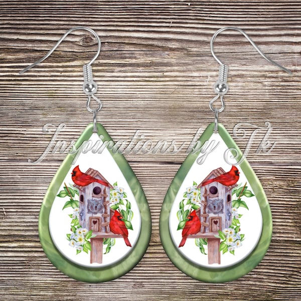 Cardinals & Birdhouse Teardrop Earring Design,  Spring Design, Red Bird Earring Design, Digital Design, Sublimation Download, Graphic Design