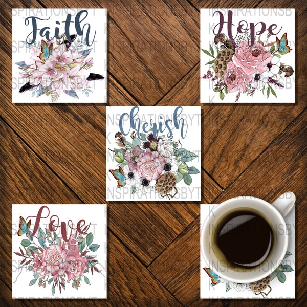 Floral Square Coaster Design Set, Faith, Hope, Love & Cherish, Set of 4, Farmhouse Design, Sublimation Down, 300 DPI PNG