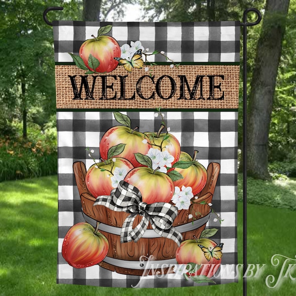 Apple Barrel Welcome on Black Plaid Garden Flag Design, Spring Summer Flag, Sublimation Download, Digital Design, Digital Download