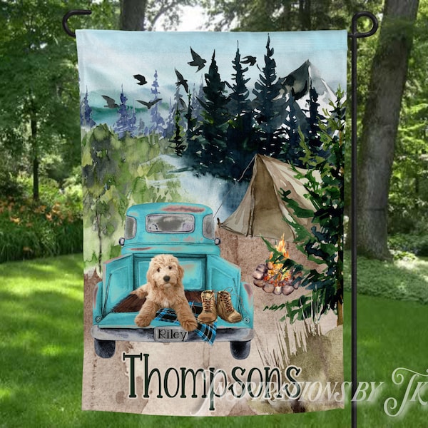 Old Truck & GoldenDoodle Garden Flag Design, Camping Scene Design, Dog Flag Design, Sublimation Download, Digital Design, Digital Download