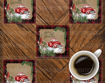 Red Truck with Red Buffalo Plaid Coaster Designs, Set of 4, Christmas Coasters, Country Christmas, Farmhouse Design, Sublimation Downloads