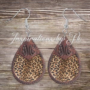 Stitched Leather & Leopard Teardrop Earring Design, Monogram Ready, Digital Design, Sublimation Download, Sublimation Earrings