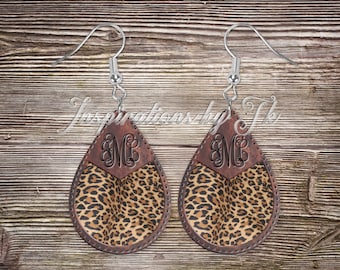 Stitched Leather & Leopard Teardrop Earring Design, Monogram Ready, Digital Design, Sublimation Download, Sublimation Earrings