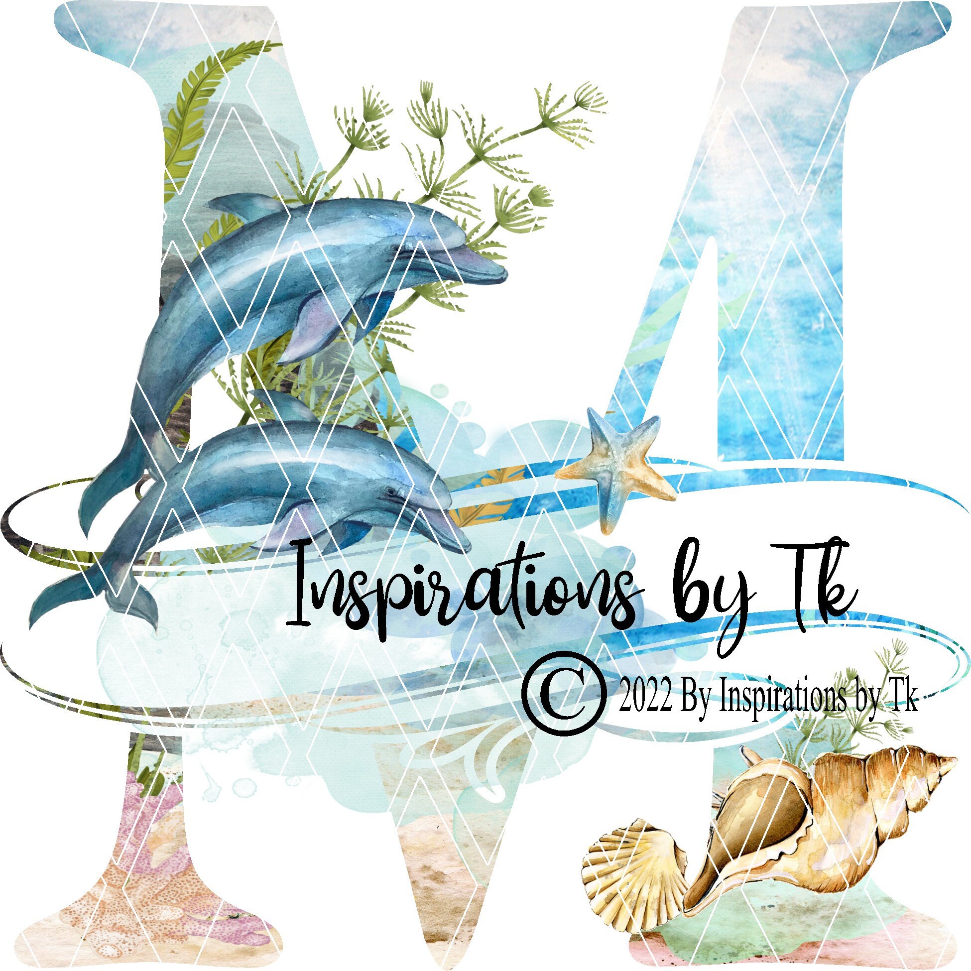 Lettre M Dolphin Beach Design, Alphabet Beach Design, Ocean Design, Dauphins, Tortues de mer, Océan, Sublimation Télécharger, Conception numérique