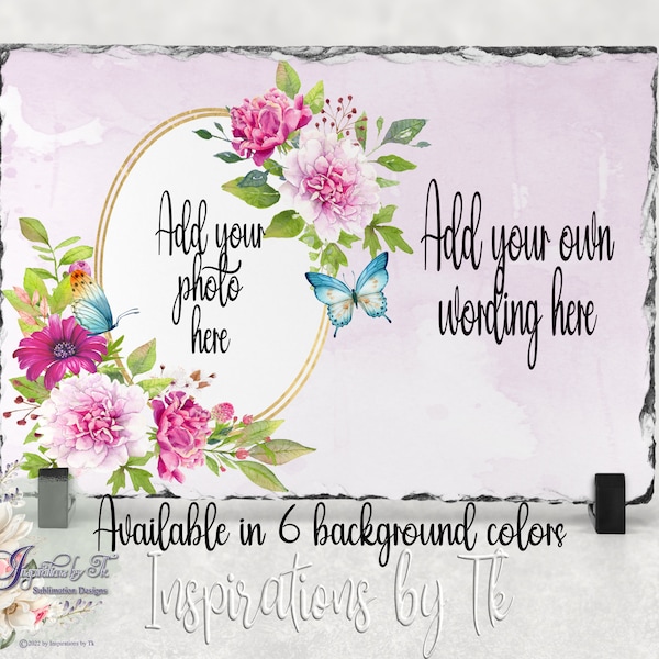 Pink Floral & Butterflies Slate Design, 7.8x11.8, Beautiful Floral, Add your own Picture, Sublimation Télécharger, 300 dpi PNG, Digital Design