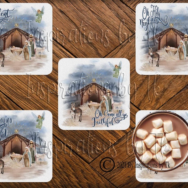 Nativity Coaster Designs, Set of 4, Christmas Coasters, Religious Christmas, Christian Coaster Design, Sublimation Downloads, Digital Design