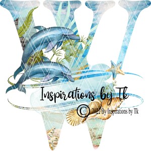 Letra W Dolphin Beach Design, Alphabet Beach Design, Ocean Design, Golfinhos, Tartarugas Marinhas, Oceano, Download por Sublimação, Design Digital