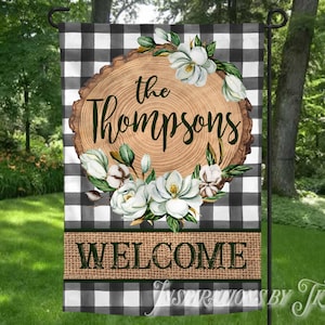Magnolias on Wood Slice Garden Flag Design, Welcome Magnolias Ready to Personalize, Spring Summer Flag, Sublimation Download, Digital Design