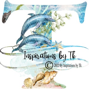Letra T Dolphin Beach Design, Alphabet Beach Design, Ocean Design, Golfinhos, Tartarugas Marinhas, Oceano, Download por Sublimação, Design Digital