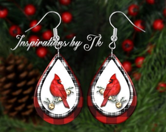 Red Bird & Plaid Christmas Teardrop Earring Design, Christmas Earring Design, Elegant Earring Design, Digital Design, Sublimation Download
