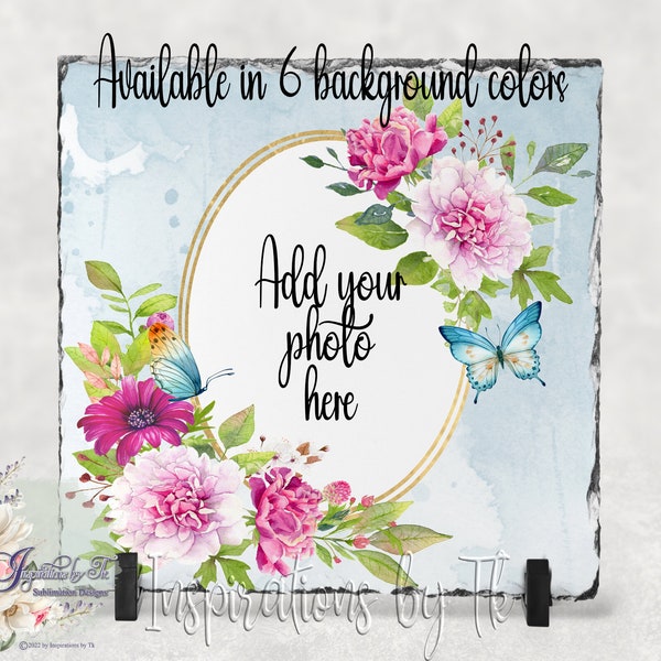 Sky Blue Floral & Butterfly Slate Design, 7.8x7.8, Beautiful Floral, Add your own Picture, Sublimation Download, 300 dpi PNG, Digital Design