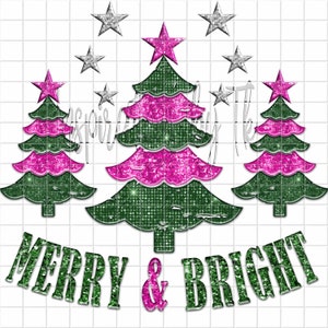 Faux Sequins an Embroidery Merry & Bright Christmas Tree Design, Pink and Green Christmas, Digital Design, Sublimation Download, Sublimation