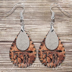 K Initial Leather and Metal With Embossed Arrow Teardrop Earring Designs, Letter K Only, Digital Design, Sublimation Downloads