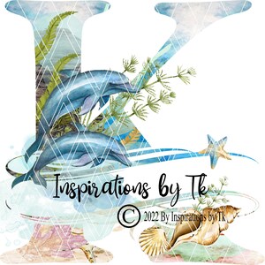 Letra K Dolphin Beach Design, Alphabet Beach Design, Ocean Design, Golfinhos, Tartarugas Marinhas, Oceano, Download por Sublimação, Design Digital