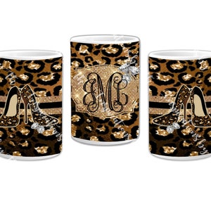 Cheetah Glam, Cheetah Print with Diamonds & High Heels Coffee Cup/Mug Design, Monogram Ready, Classy Chic, Sublimation Download, 300 DPI PNG