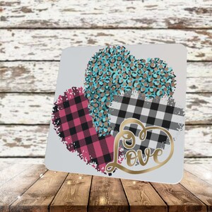 Petrol Triple Hearts Valentinstag Sublimation Design, Buffalo Plaid & Leopard Herzen, Valentinstag digitales Design, Sublimation Downloads