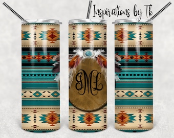 Aztec Boho, Plumes de cuir, 20oz Skinny Tumbler Design, Prêt à personnaliser, Country/Western Design, Digital Design, Sublimation Télécharger