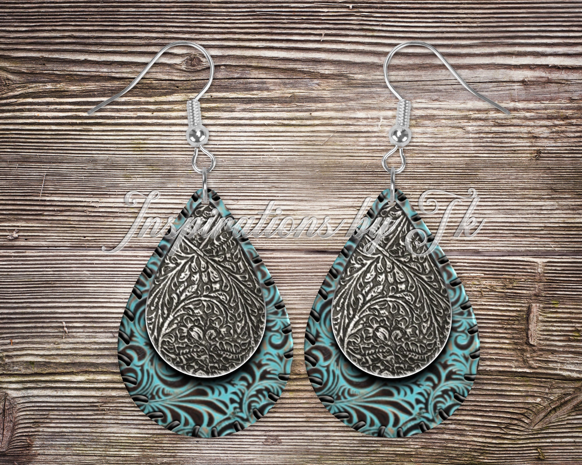 Turquoise & Brown Embossed Leather With Silver Teardrop Earring Design, Digital Design, Sublimation Download, Graphic Design