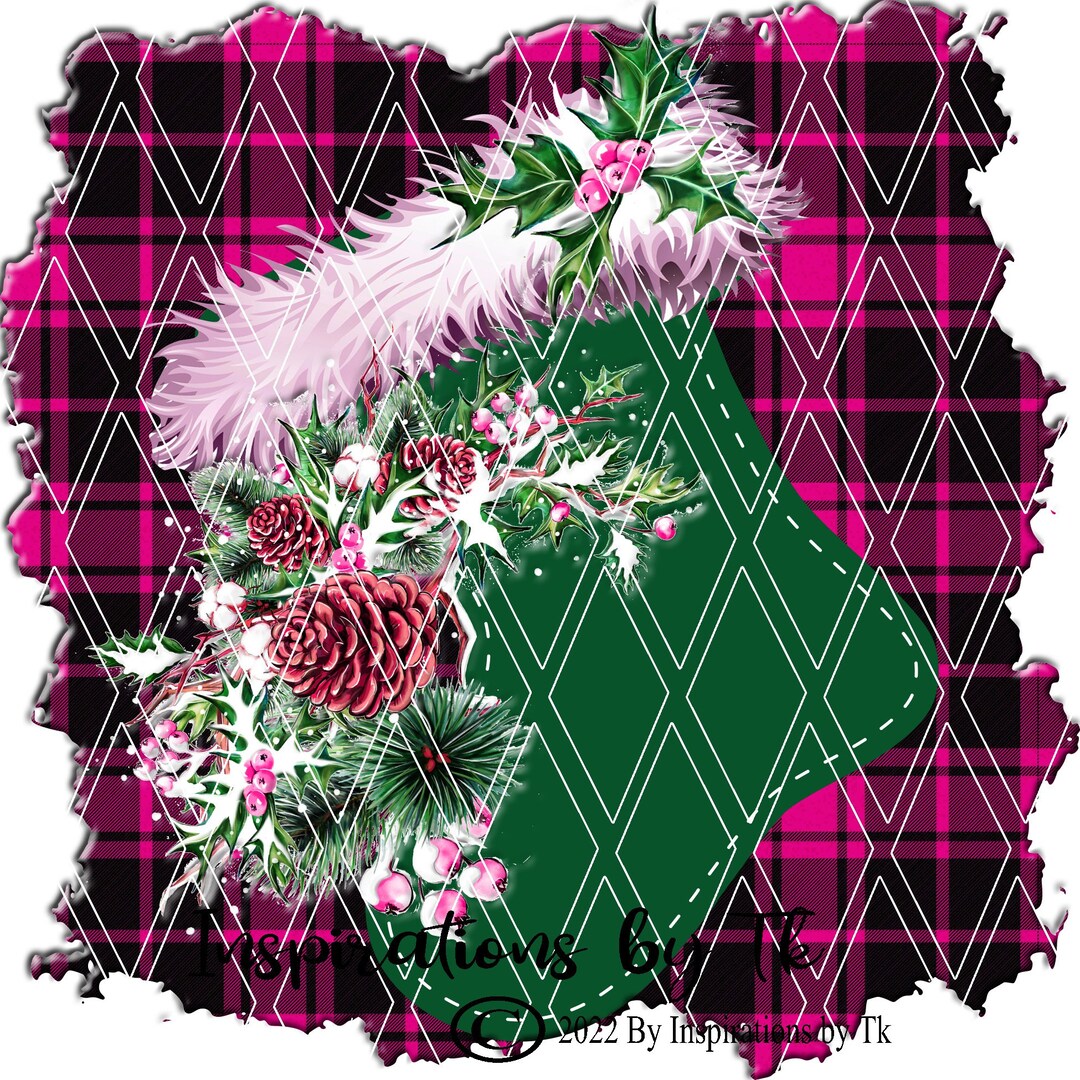 Pink Buffalo Plaid & Green Stocking Design, Country Christmas, Monogram