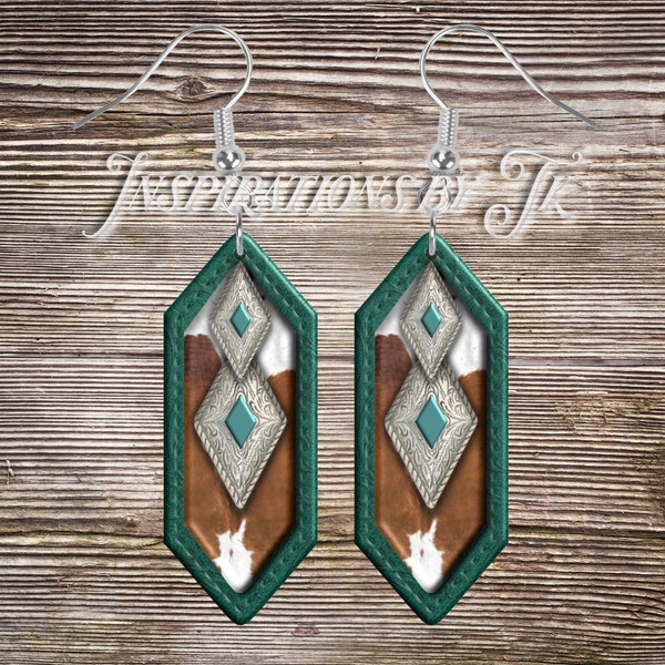 Stitched Teal Leather Cowhide & Conchos Double Diamond Earring Design, Digital Design, Sublimation Download, Fits Seaside Sass Designs Blank