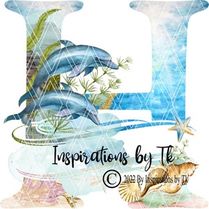 Letra H Dolphin Beach Design, Alphabet Beach Design, Ocean Design, Golfinhos, Tartarugas Marinhas, Oceano, Download por Sublimação, Design Digital