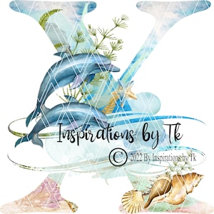 Letra X Dolphin Beach Design, Alphabet Beach Design, Ocean Design, Golfinhos, Tartarugas Marinhas, Oceano, Download por Sublimação, Design Digital