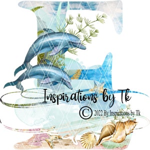 Letra E Dolphin Beach Design, Alphabet Beach Design, Ocean Design, Golfinhos, Tartarugas Marinhas, Oceano, Download por Sublimação, Design Digital