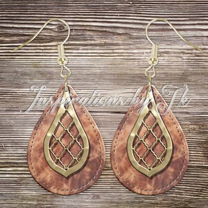 Stitched Leather & Gold Filigree Teardrop Earring Design, Elegant Earring Design, Digital Design, Sublimation Download