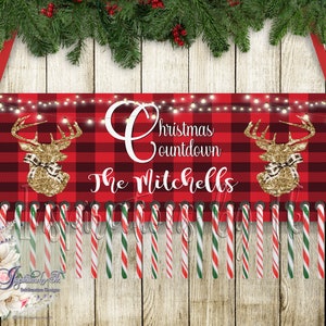 Candy Cane Countdown, Buffalo Plaid & Deer Countdown Christmas Design, Christmas, Digital Design, Sublimation Download, Advent Calendar