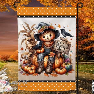 Hello Fall Scarecrow & Pumpkin Fall Garden Flag Design, Autumn/Fall Flag Design, Digital Download, Sublimation Design, Farmhouse, Autumn