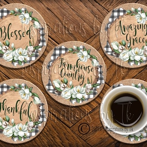 Magnolias on Wood Slice Round Coaster Design Set, Set of 4, Farmhouse Design, Sublimation Download, 300 DPI PNG. Digital Design