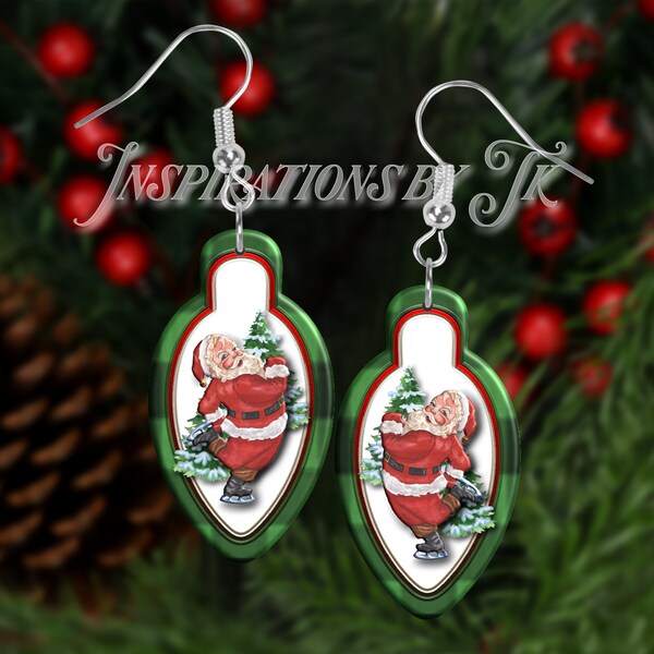 Skating Santa Bulb Earring Design, Christmas Design, Whimsical Earring Design, Digital Design, Sublimation Download