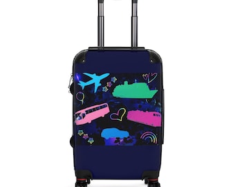 Maleta con iconos de viaje de neón / Avión Barco Autobús Coche Equipaje